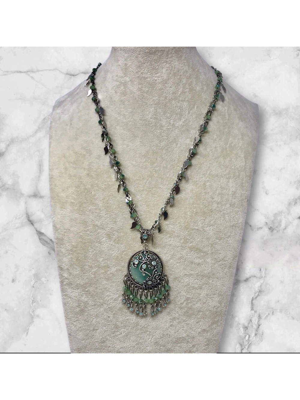 Sweet Romance Necklace Bohemian Floral Green Silver-Tone Floral Pendant